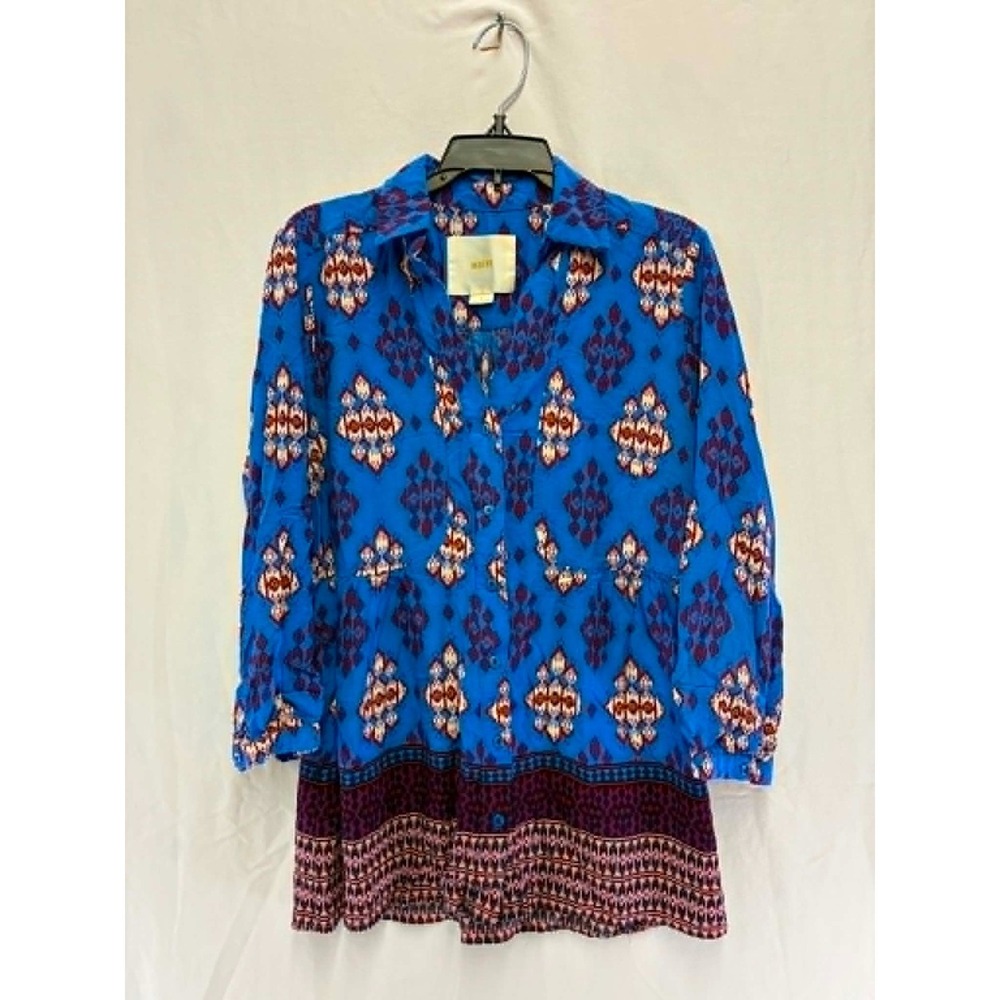 Maeve Anthropologie Blue Ikat Geometric Button Down Tunic Top Womens Size 6